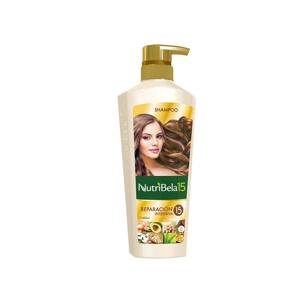Nutribela 15 Intensive Repair Shampoo bottle highlights deep conditioning for damaged hair