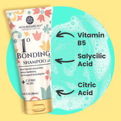 Nuva Botanicals bonding shampoo bottle highlighting repair for damaged hair