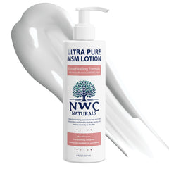 NWC Naturals UltraPure MSM Lotion bottle shown for rich hydration and skin softness