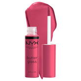 NYX Butter Gloss Strawberry Cheesecake closeup shows warm pink shine for everyday lips