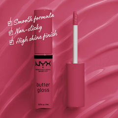 NYX Butter Gloss Strawberry Cheesecake lips swatch highlights creamy, non-sticky texture