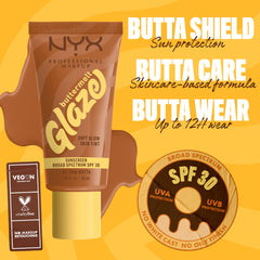 Nyx Buttermelt Glaze close-up reveals glazed donut finish on skin.