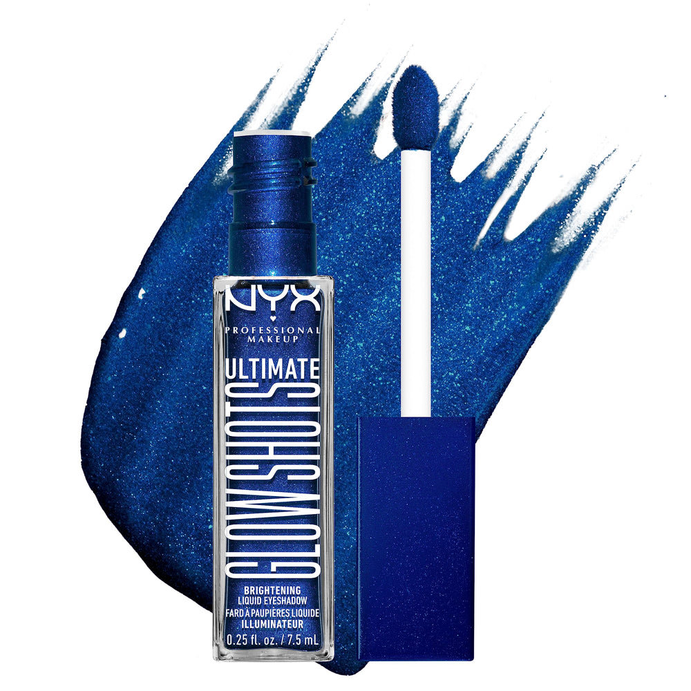NYX Glow Shots Blueberry Bank bottle close-up showing vivid liquid shimmer for the eyes.