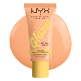 NYX Professional Makeup Buttermelt Glaze bottle demonstrates dewy glow with SPF 30.