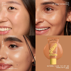 Cashew Butta swatch by NYX Buttermelt Glaze showing glow
