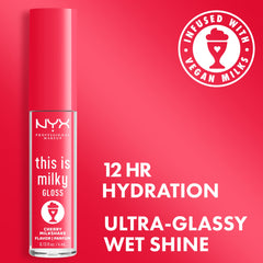 NYX This Is Milky Gloss Cherry Milkshake tube on desk highlights portable vegan shade