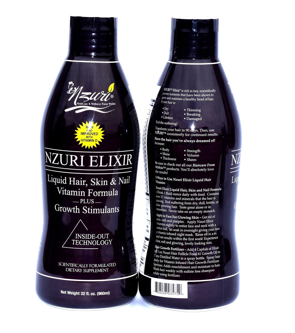 Nzuri Elixir bottle front view showing branding for daily hair, skin, and nails support