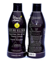 Nzuri Elixir bottle front view showing branding for daily hair, skin, and nails support