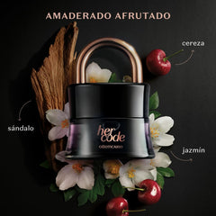 O Boticário Her Code bottle closeup highlighting luxurious fragrance notes.