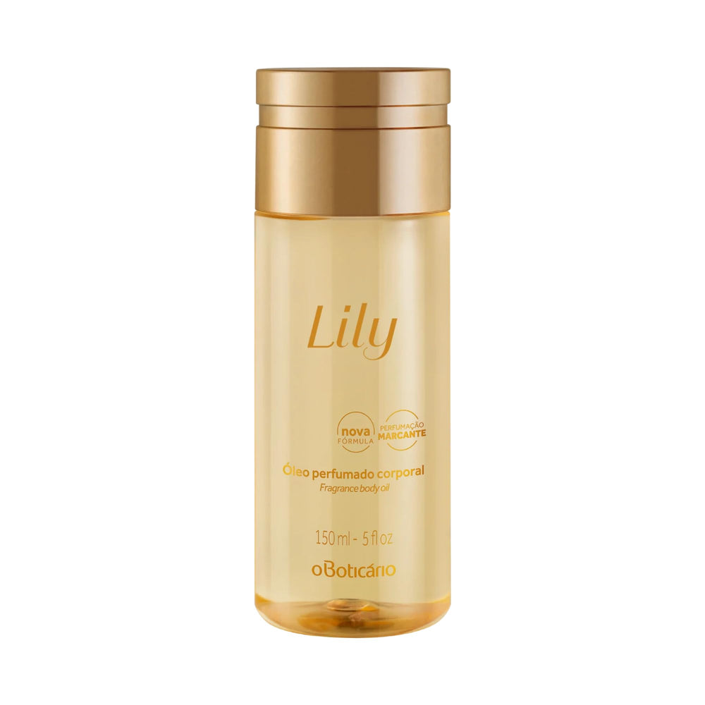 O BOTICÁRIO Lily Body Oil bottle shows light, fast-absorbing moisture for daily use.