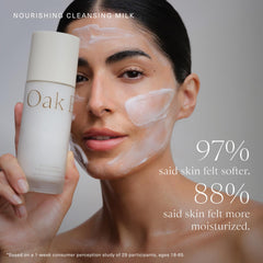 Oak Essentials cleansing milk highlights rice bran as a key nourishing ingredient.