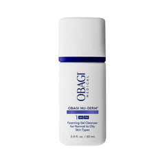 Obagi Nu-Derm Foaming Gel bottle close-up showing gentle cleansing for all skin types.