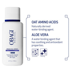 Obagi Nu-Derm Foaming Gel Cleanser bottle label detail signals dermatologist-tested quality.