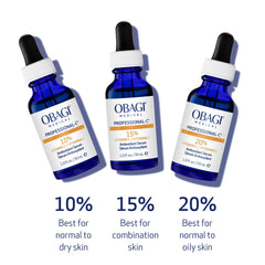 Hands applying Obagi 10% Vitamin C Serum onto cleansed skin
