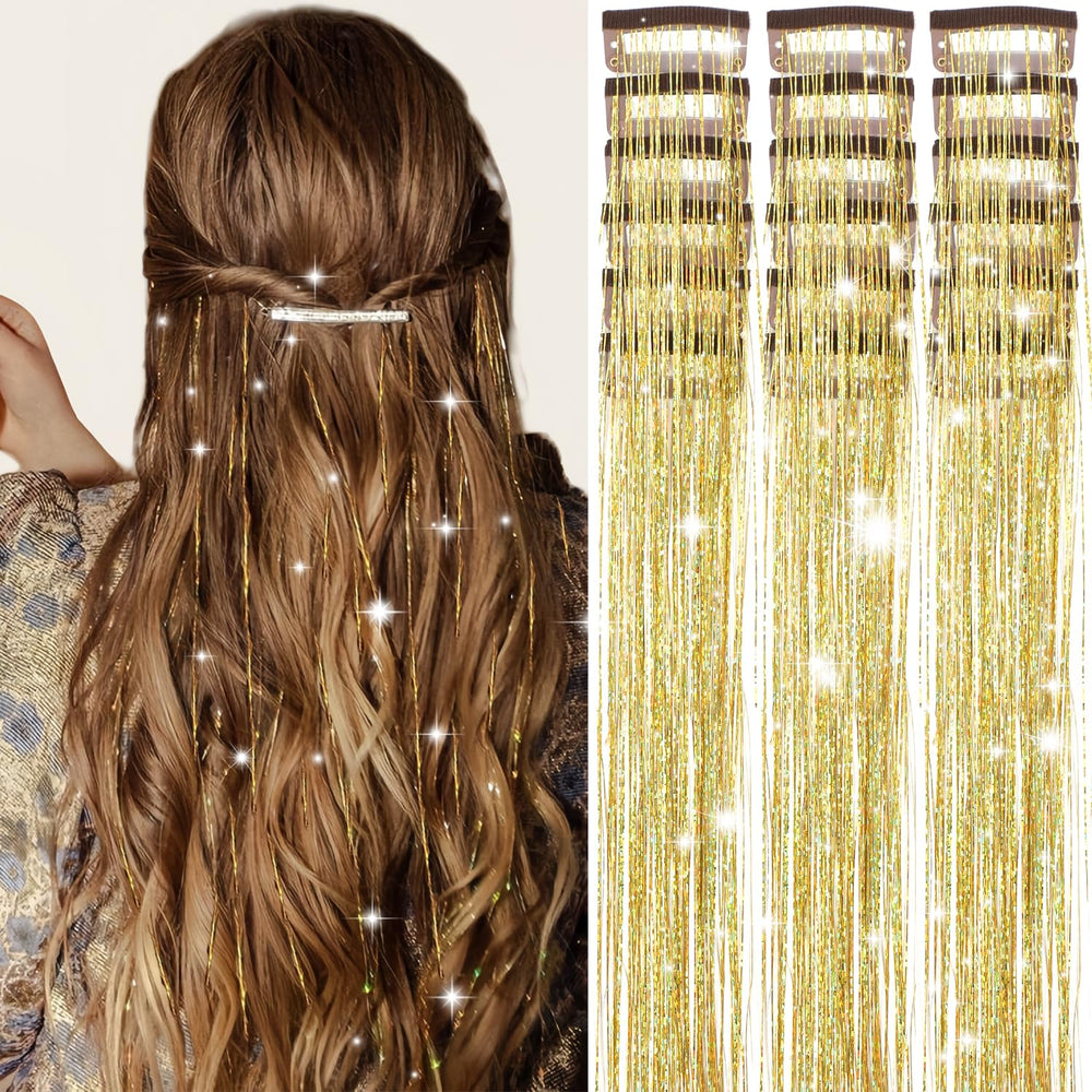 Obinying Hair Tinsel Pack with 18 clip-in strands adds instant sparkle to any hairstyle.