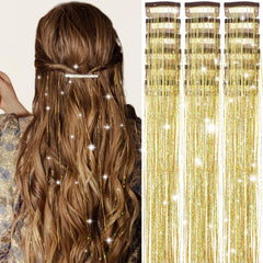 Obinying Hair Tinsel Pack with 18 clip-in strands adds instant sparkle to any hairstyle.