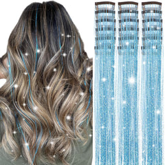 Obinying hair tinsel clip-in 20.5 inch length adds sparkling length for party looks.