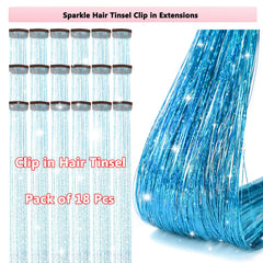 Obinying sky blue tinsel clip-in highlights a cool, festival-ready shimmer.