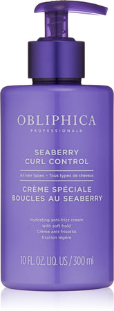 Obliphica Seaberry Curl Control Cream bottle promoting hydrated, frizz-free curls.