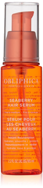 Obliphica Seaberry leave-in serum bottle shown for nourishing frizz control.