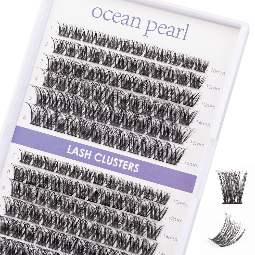 Ocean Pearl lash clusters tray closeup showing thin bases for natural blending.