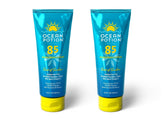 Ocean Potion Sunscreen Lotion SPF85 front label, twin-pack, ideal for beach days.