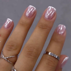 OCOUYVD chrome French tip press-on nails with extra-short squares, glossy pink for fast elegance.
