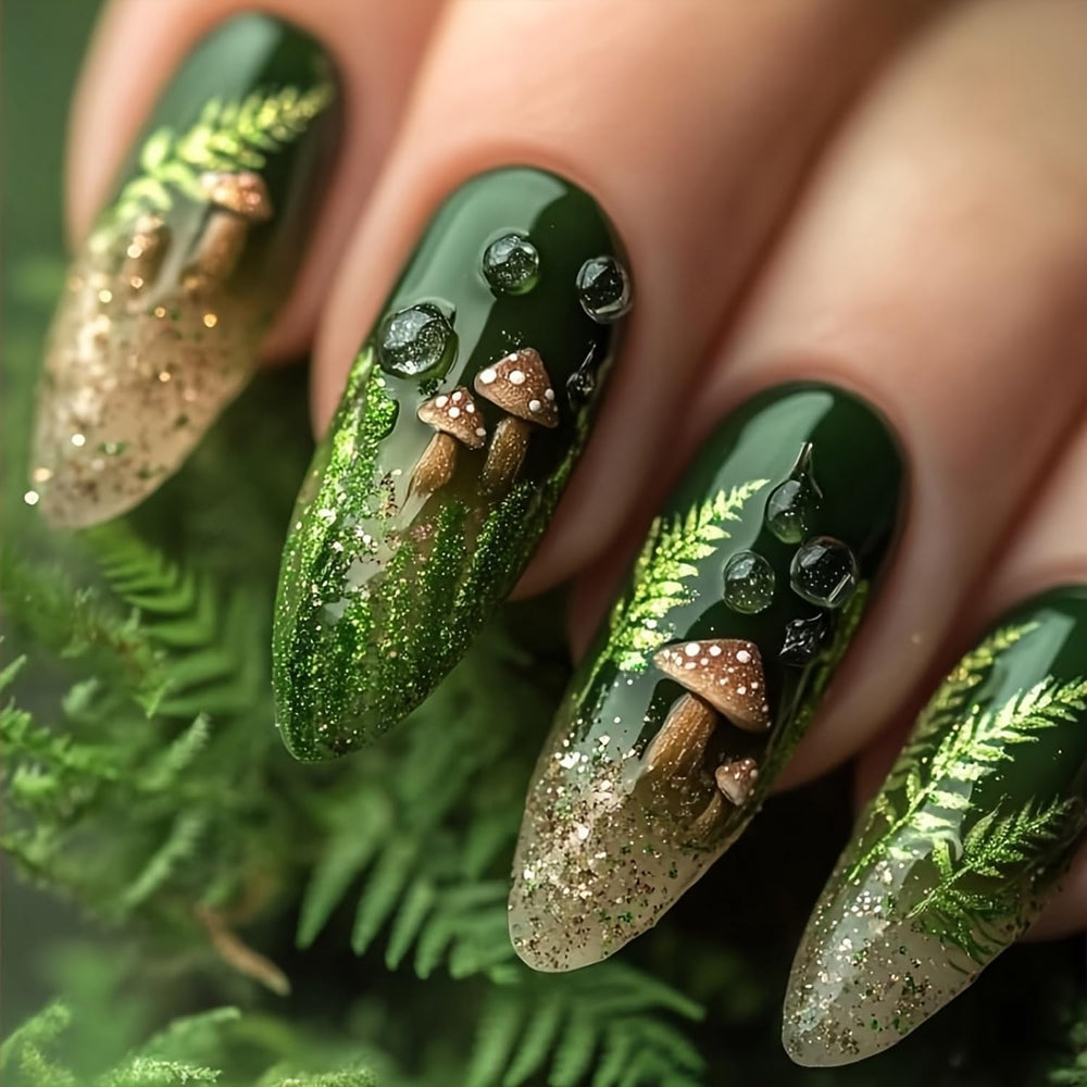 OCOUYVD green glitter press-on nails in almond shape for chic, salon-ready results