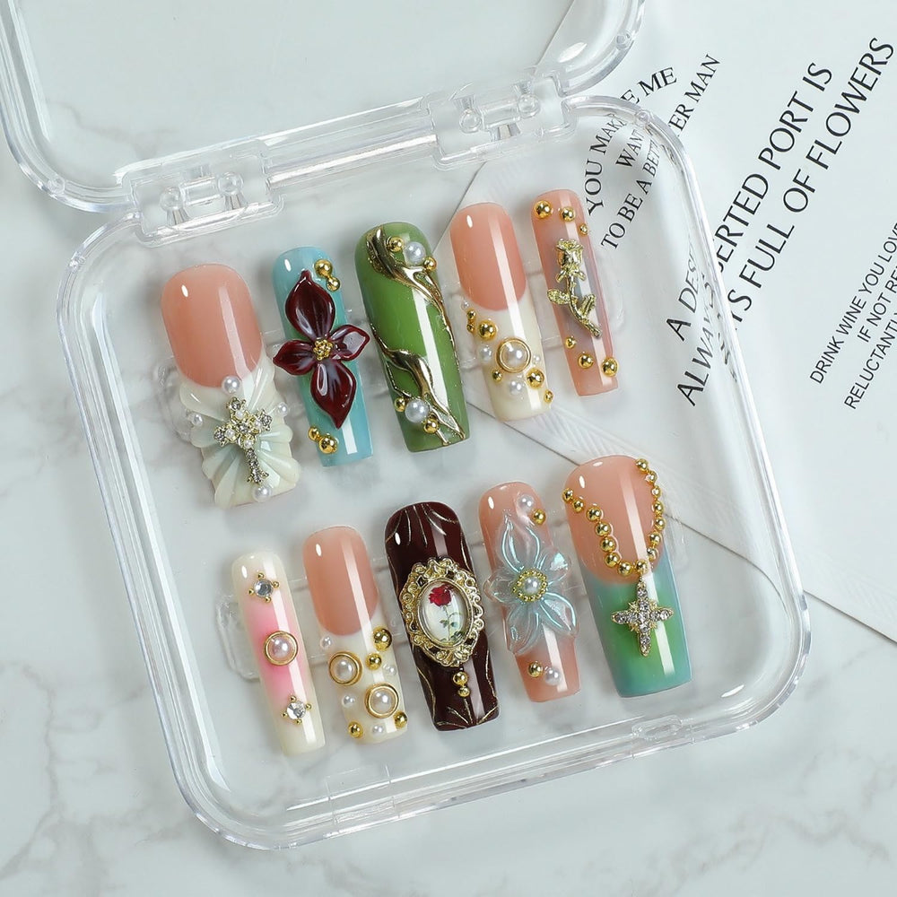 OCOUYVD handmade press-on nails long square with pearl rhinestones for elegant evenings.
