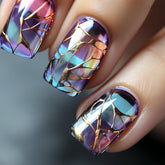 OCOUYVD square press-on nails in blue purple glossy finish with golden stripes for instant glamour.
