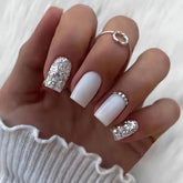 OCOUYVD square white press-on nails with silvery glitter for quick at-home glam