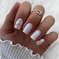 OCOUYVD square white press-on nails with silvery glitter for quick at-home glam