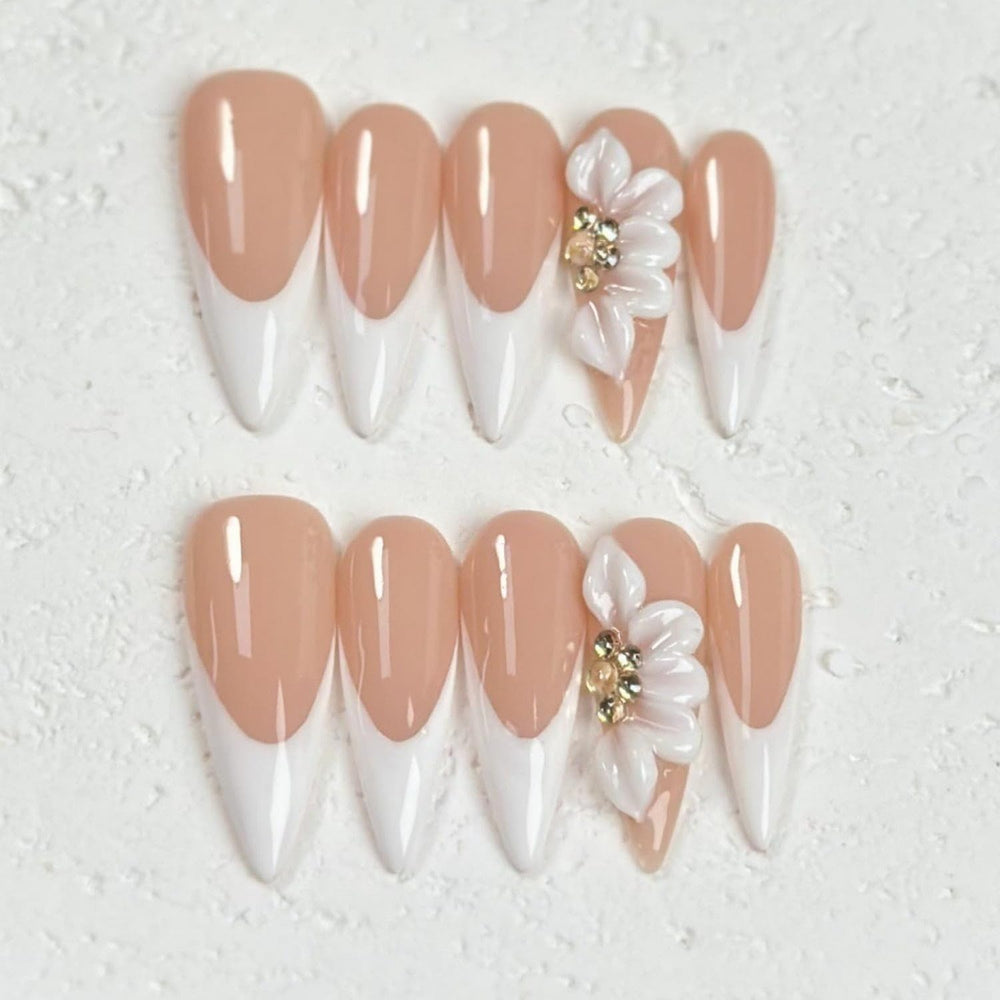 OCOUYVD white French press nails flowers closeup, elegant 3D blooms for stylish wear