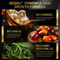 OCSINL Minoxidil bottle label showing dosage and storage guidance.