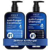 Oely antifungal shampoo bottle with pump for easy scalp care and application.