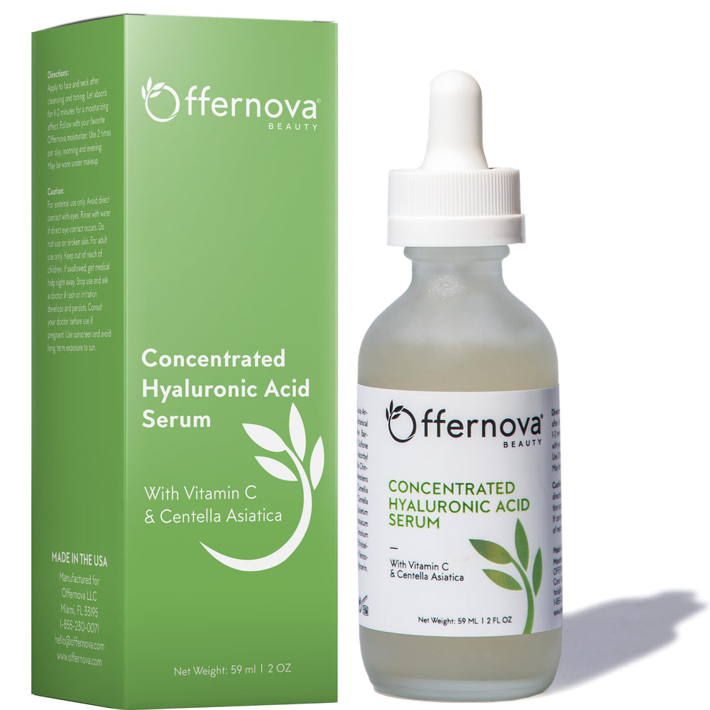 Offernova Concentrated Hyaluronic Acid Serum bottle pouring for instant hydration and quick absorption.