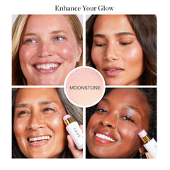 Ogee Sculpted Face Stick Moonstone Ultraviolet Sheen swatch on cheek for glow.