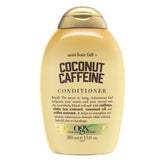 OGX Anti-Hair Fall bottle on shelf highlights coconut caffeine conditioner benefits.