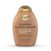 OGX Brazilian Keratin Therapy Conditioner bottle highlights smooth, strong hair