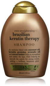 OGX Brazilian Keratin Therapy shampoo trio bottles for silky, color-treated hair.