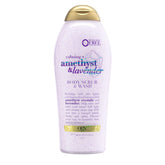 OGX Calming Amethyst Lavender bottle for a soothing shower routine.