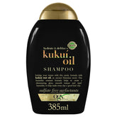 OGX Kukui Oil Shampoo bottle shows frizz control for glossy hair.