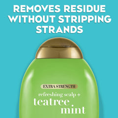 Close-up of OGX Tea Tree Mint Shampoo label with tea tree oil emphasis.