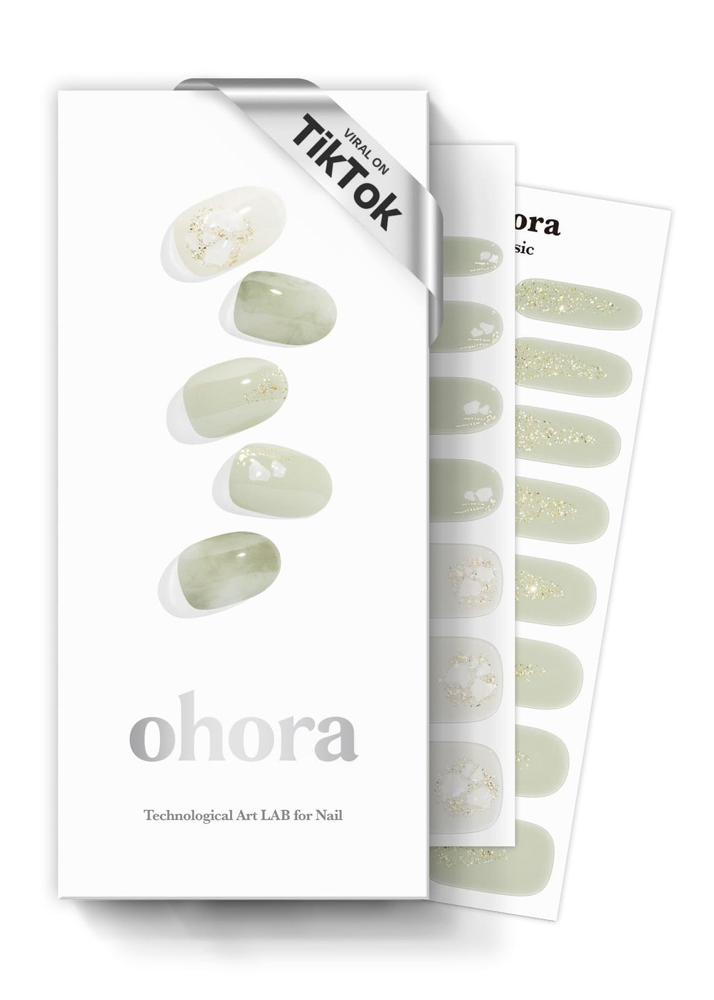 Ohora Green Tea gel nail strips swatch showing salon-quality color and shine.