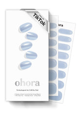 Ohora semi-cured gel nail strips in light blue chrome provide a striking, long-lasting look.