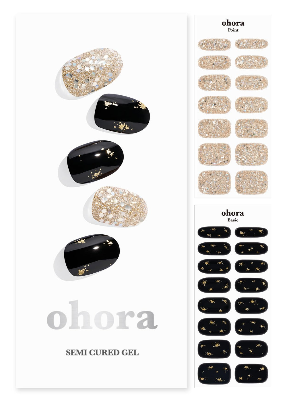 ohora semi cured gel nail strips N Dazzling Night pack for bold black glitter finish