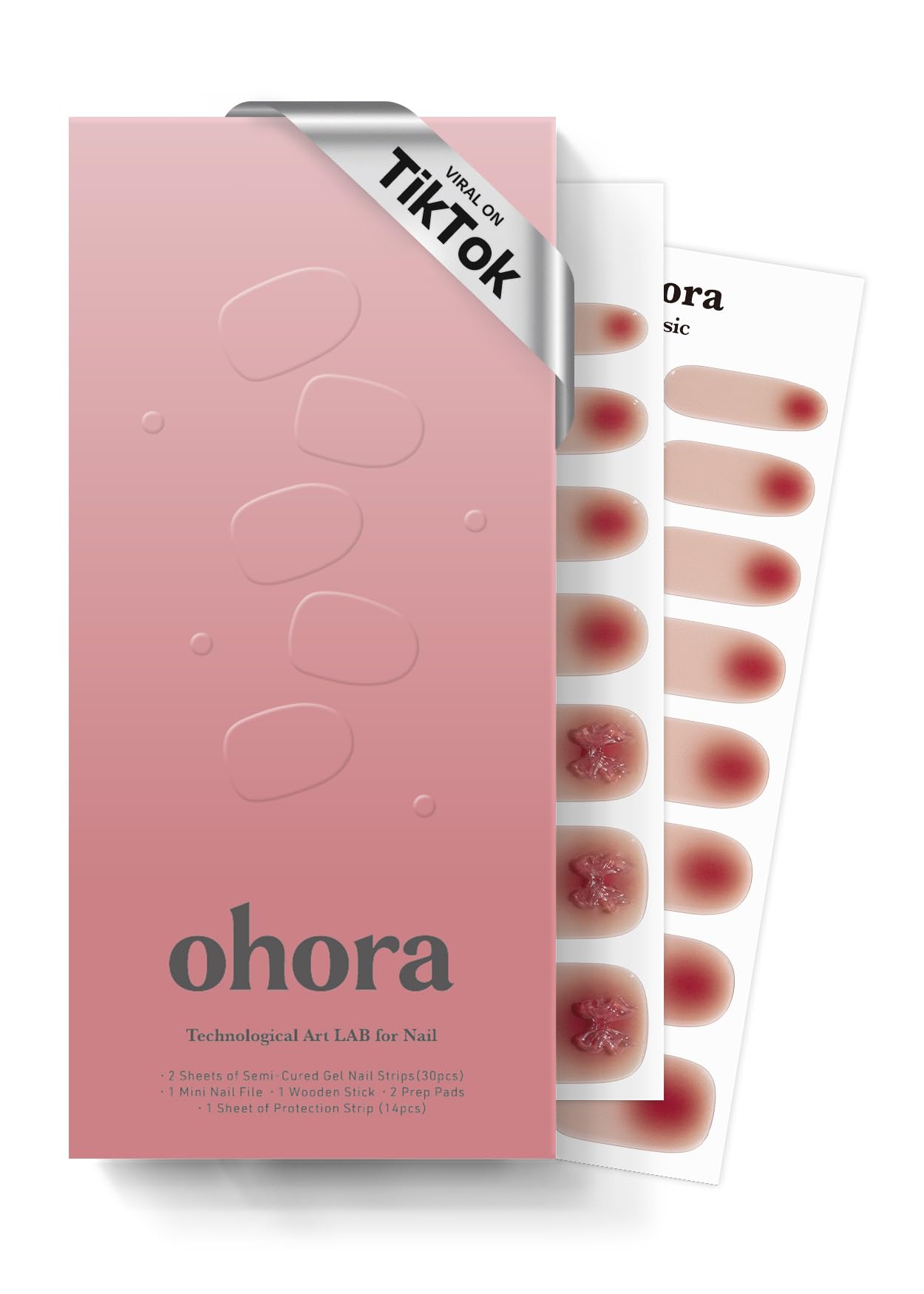 ohora semi-cured nail strips in box front, deliver salon-like nails at home.