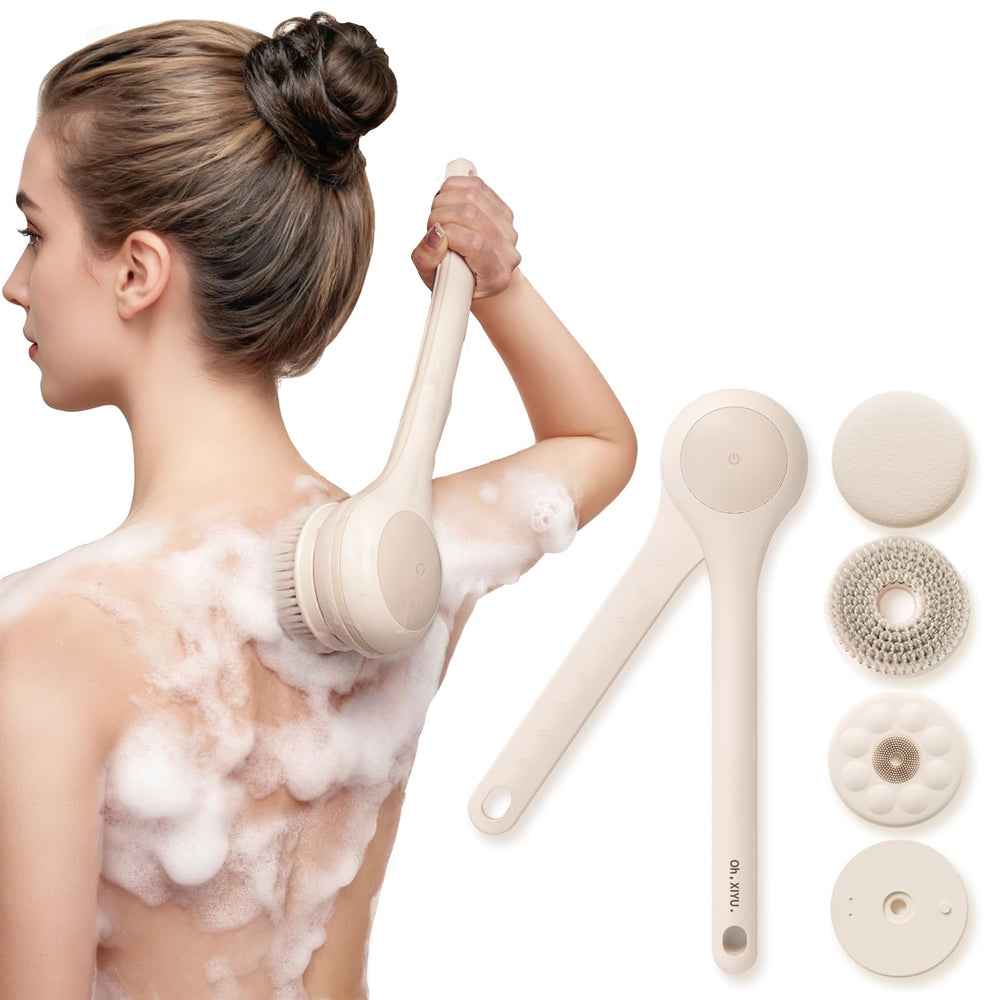 OhXiyu electric body brush showing the back-scrubber with dual handle for easy full-body cleansing