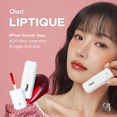 Oiad Liptique applicator on lips delivering precise, even tint application