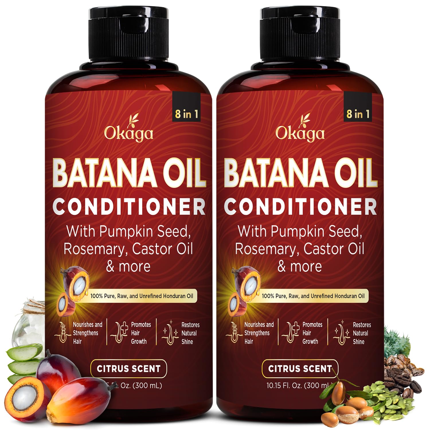 Okaga Batana Oil Conditioner bottle front with citrus scent emphasis for daily hydration